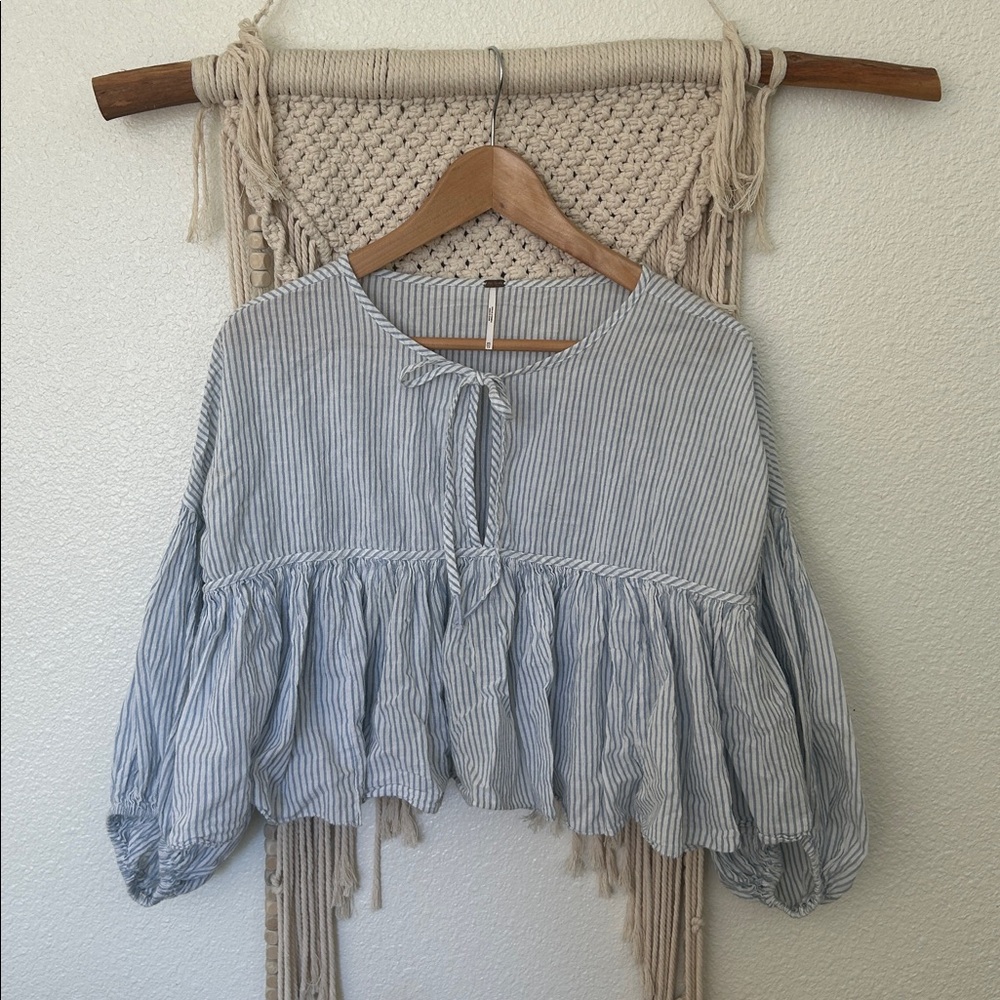 Free people peplum top ruffled blue, and white stripe extra small